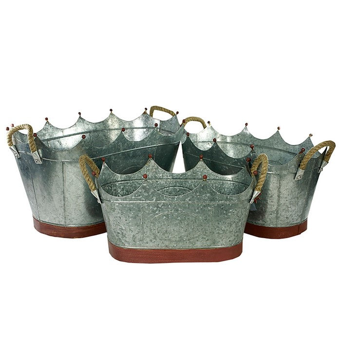 Crown Shape Metal Tubs with Rope Handles, Gray, Set of 3