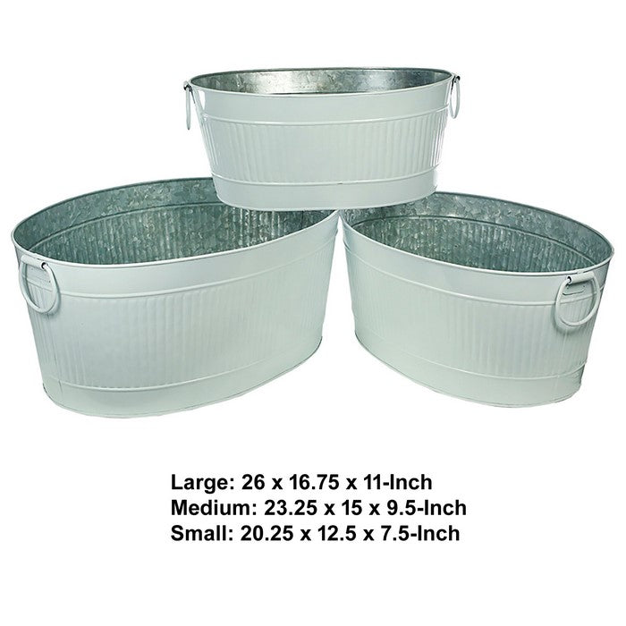 Ribbed Design Metal Tubs with Side Ring Handles , Gray, Set of 3