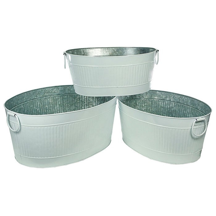 Ribbed Design Metal Tubs with Side Ring Handles , Gray, Set of 3
