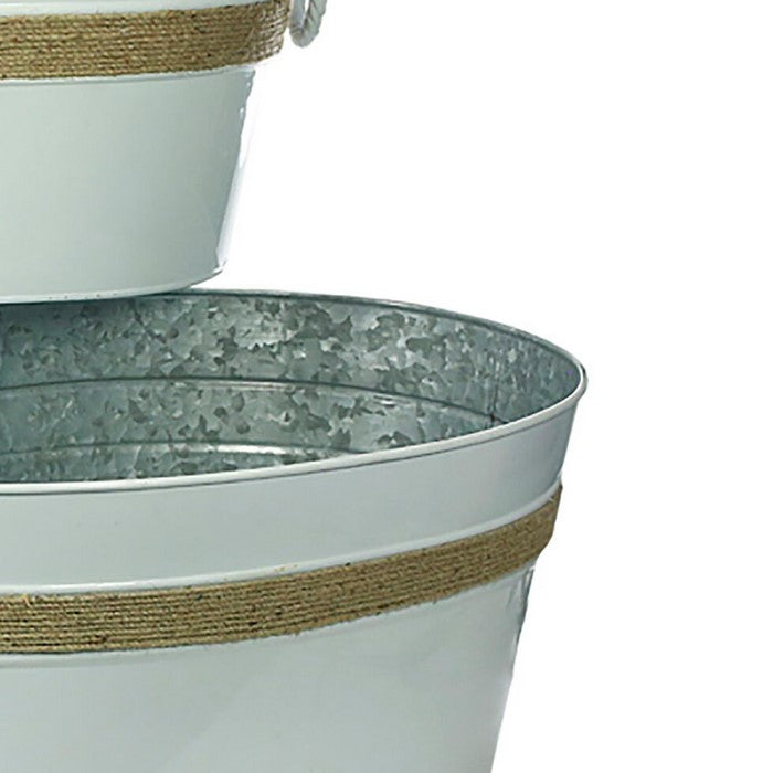 Metal Tubs with Rope Accents and Side Ring Handles, White, Set of 4