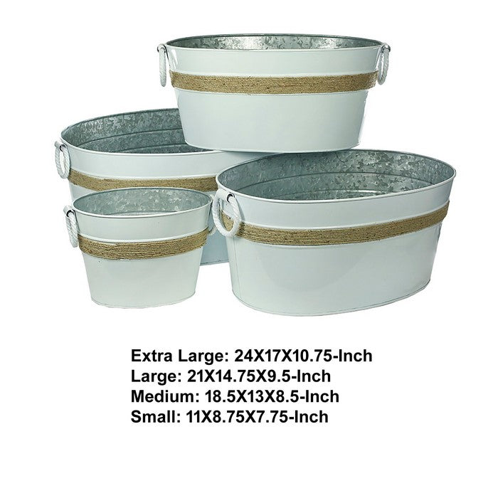 Metal Tubs with Rope Accents and Side Ring Handles, White, Set of 4