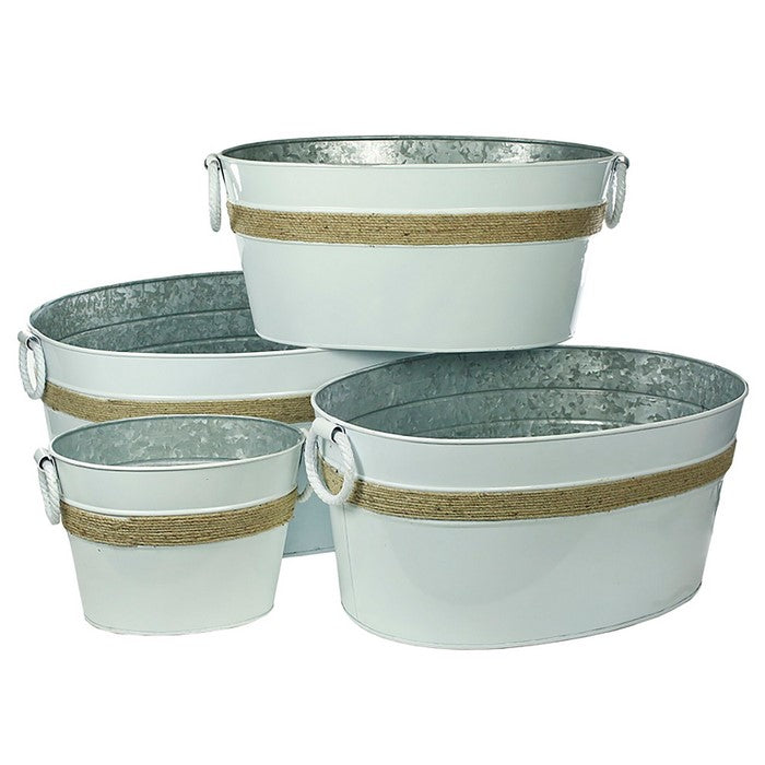 Metal Tubs with Rope Accents and Side Ring Handles, White, Set of 4