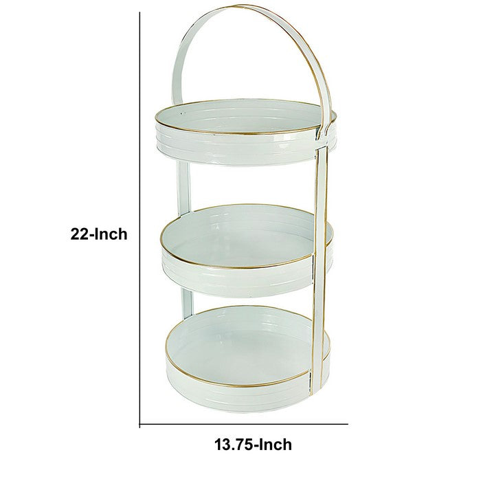 Round Metal 3 Tier Server Tray with Integrated Handle, White