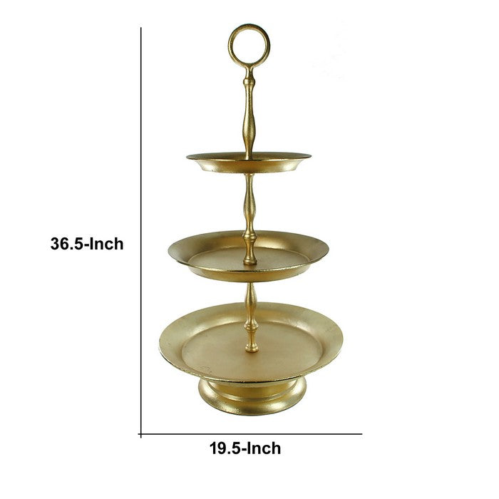 Metal 3 Tier Server Tray with Integrated Ring Handle, Gold