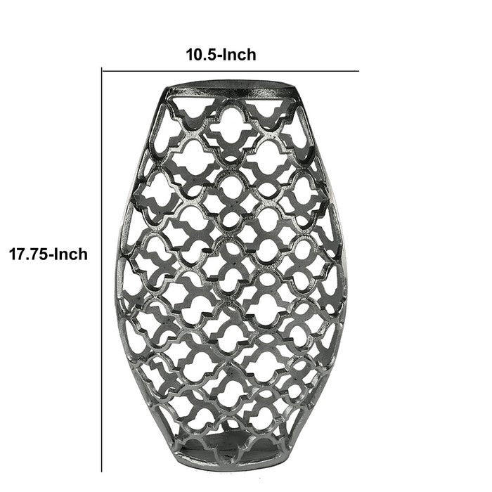 Metal Vase with Quatrefoil Cutout Design, Silver, Large