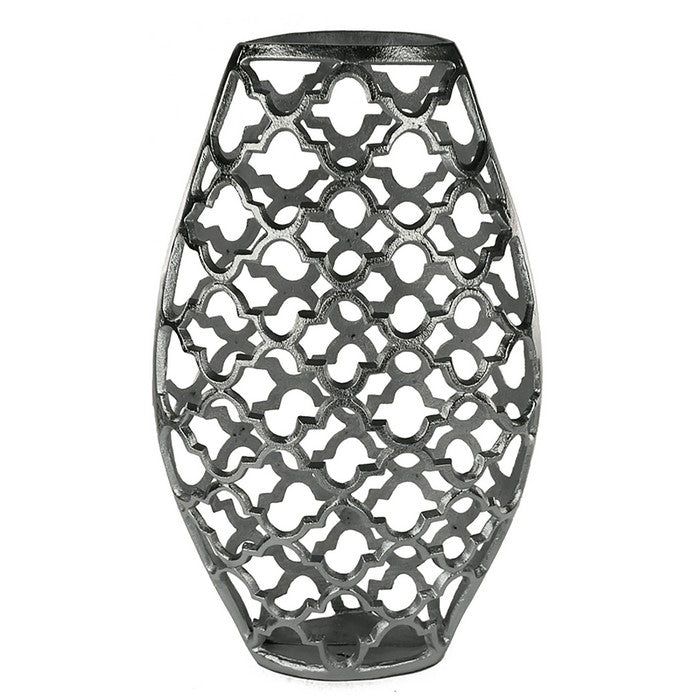 Metal Vase with Quatrefoil Cutout Design, Silver, Large