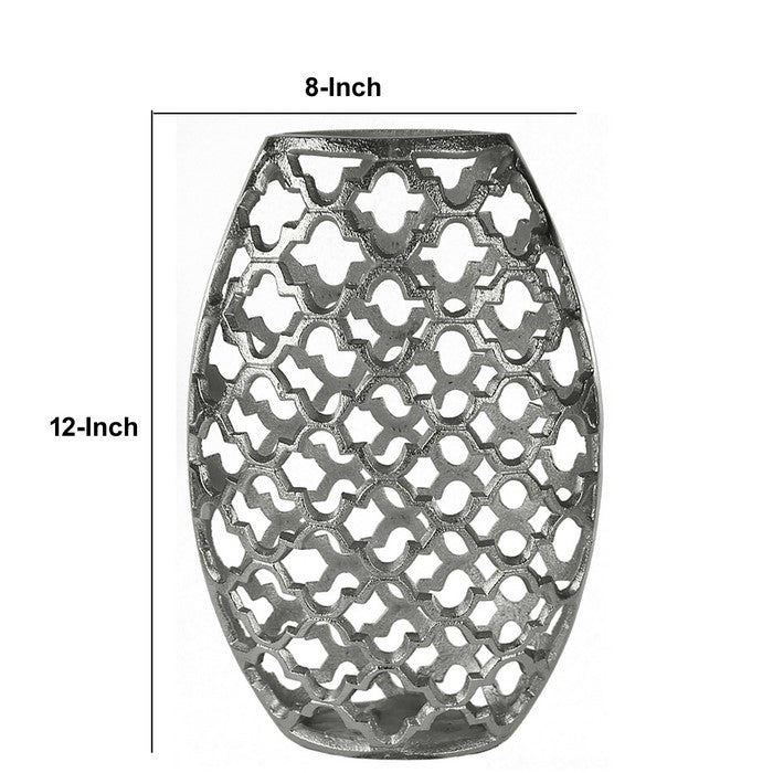 Metal Vase with Quatrefoil Cutout Design, Silver, Small