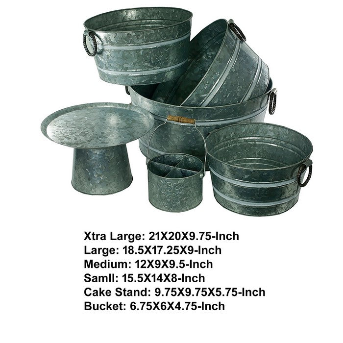 Galvanized Metal Party Tubs with Handles, Gray, Set of 6