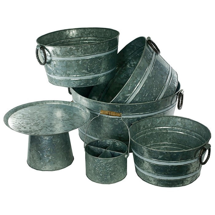 Galvanized Metal Party Tubs with Handles, Gray, Set of 6