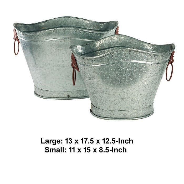 Metal Tubs with Lion Head Ring Handles, Gray and Brown, Set of 2