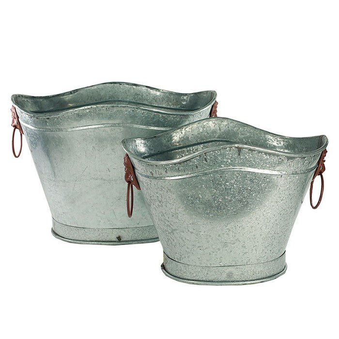 Metal Tubs with Lion Head Ring Handles, Gray and Brown, Set of 2