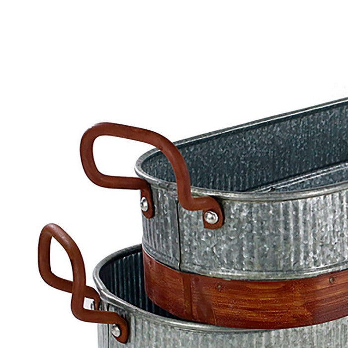 Metal Planters with Ribbed Body, Gray and Brown, Set of 2