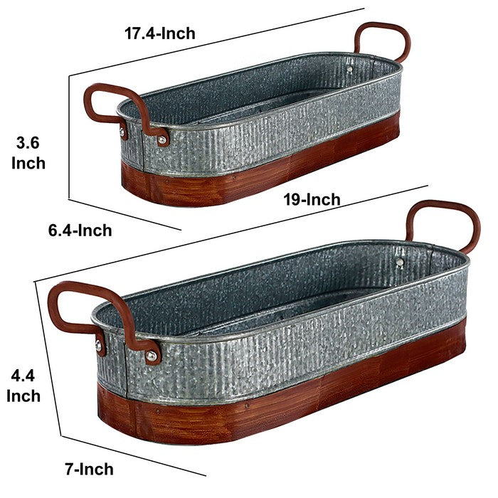 Metal Planters with Ribbed Body, Gray and Brown, Set of 2