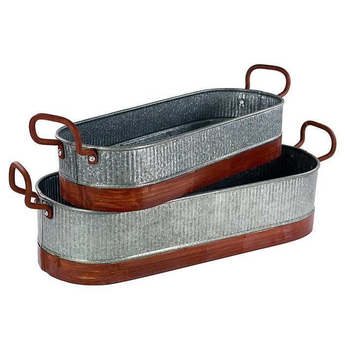 Metal Planters with Ribbed Body, Gray and Brown, Set of 2