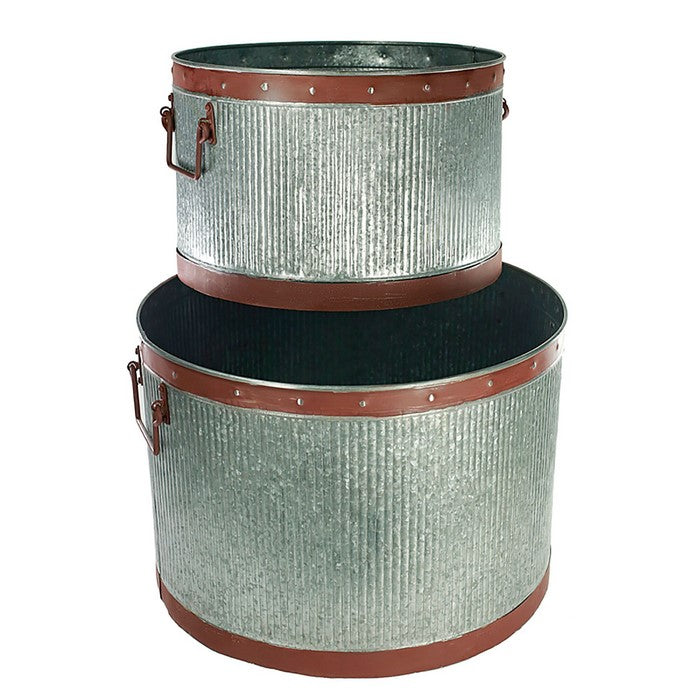 Round Metal Planters with Ribbed Body, Gray and Brown, Set of 2