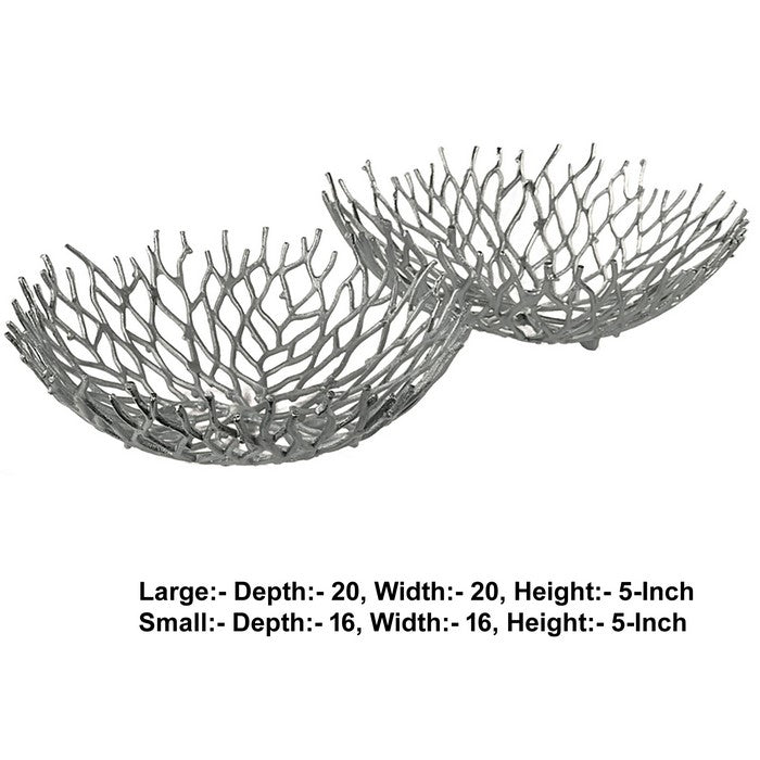 Metal Decorative Bowls with Twigs Design, Silver, Set of 2