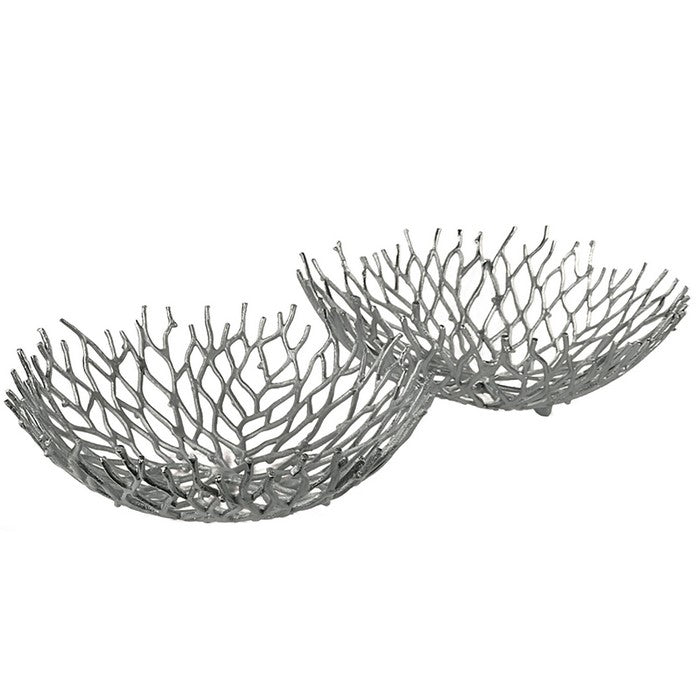 Metal Decorative Bowls with Twigs Design, Silver, Set of 2