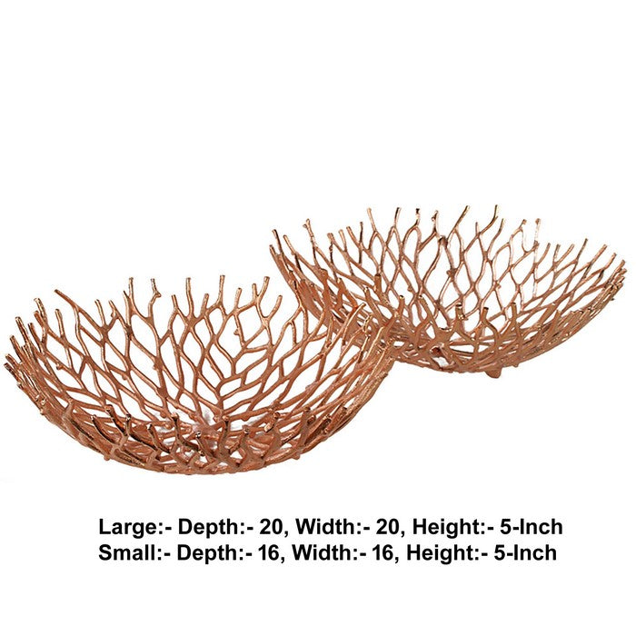 Metal Decorative Bowls with Twigs Design, Rose Gold, Set of 2