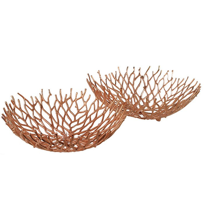 Metal Decorative Bowls with Twigs Design, Rose Gold, Set of 2