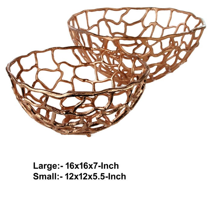 Decorative Metal Bowls with Cutout Design, Rose Gold, Set of 2