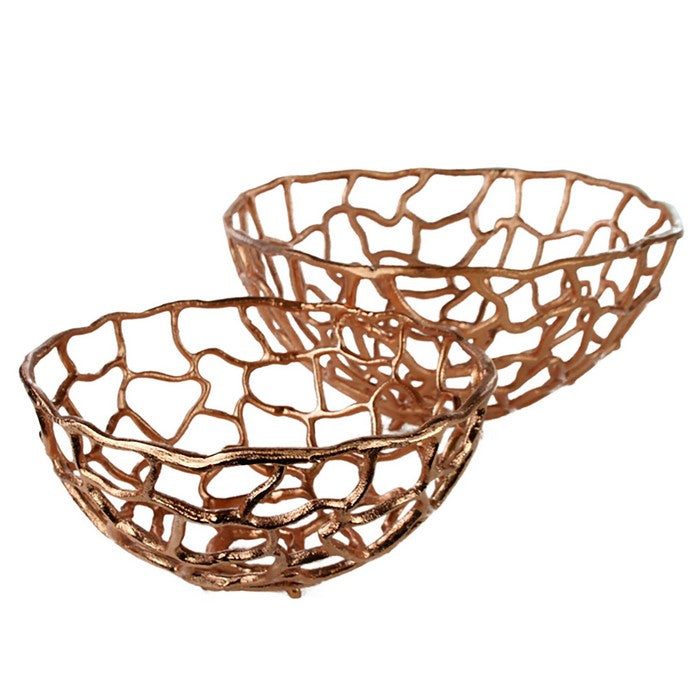 Decorative Metal Bowls with Cutout Design, Rose Gold, Set of 2