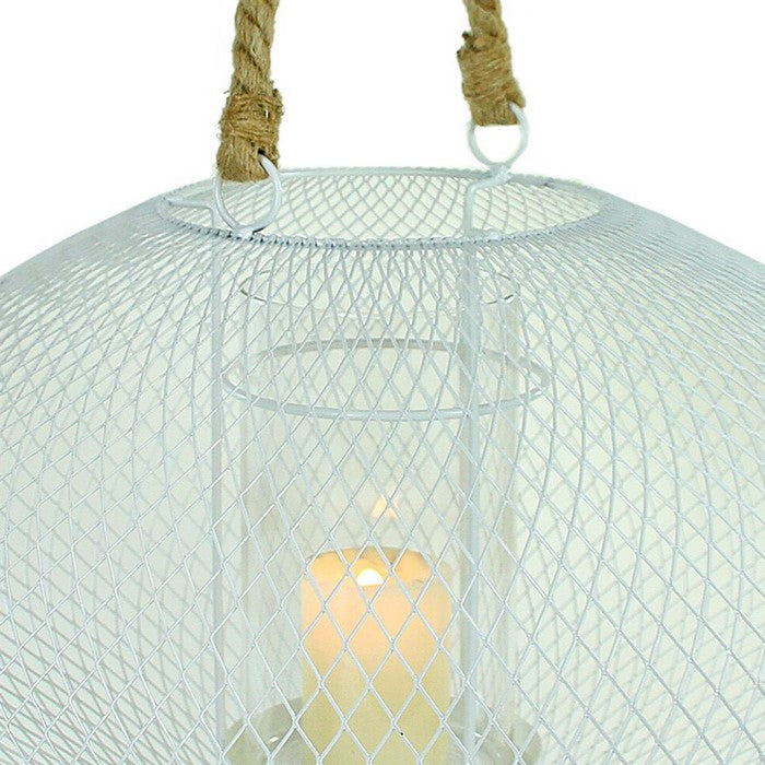 Metal Lantern with Glass Hurricane and Rope Handle, White