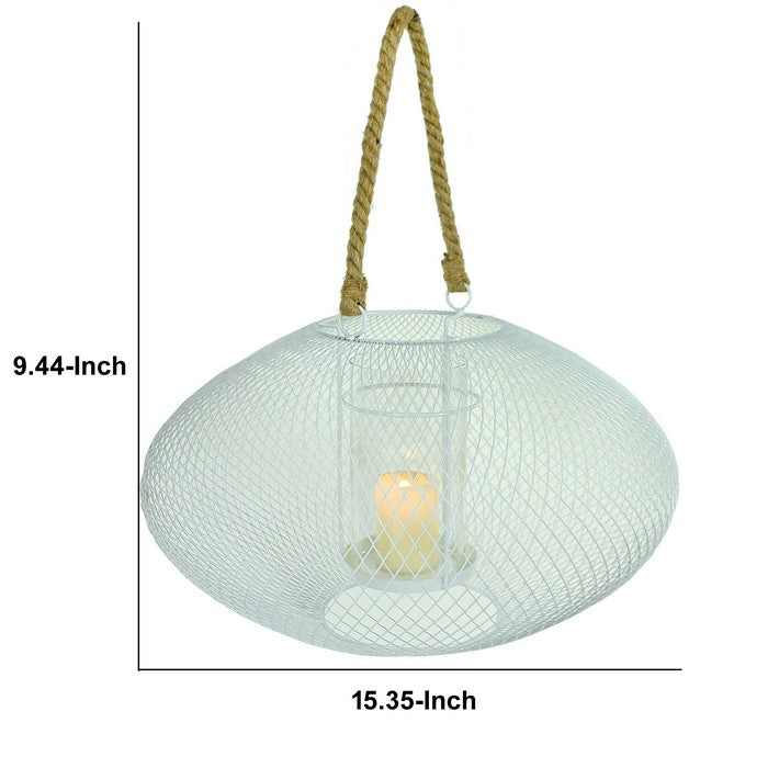 Metal Lantern with Glass Hurricane and Rope Handle, White