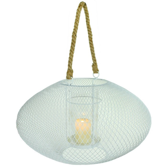 Metal Lantern with Glass Hurricane and Rope Handle, White
