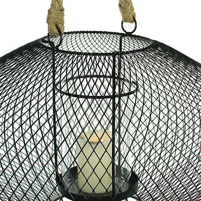 Metal Lantern with Glass Hurricane and Rope Handle, Black
