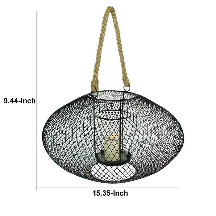 Metal Lantern with Glass Hurricane and Rope Handle, Black