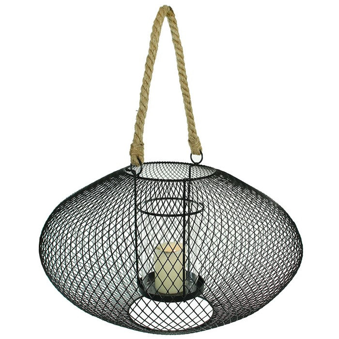 Metal Lantern with Glass Hurricane and Rope Handle, Black