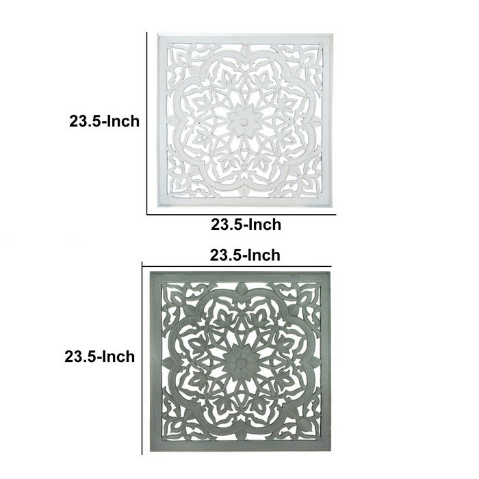 Wooden Decorative Wall Panels with Floral Design, White and Gray, Set of 2