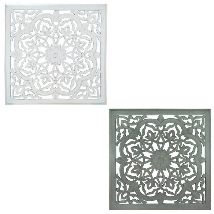 Wooden Decorative Wall Panels with Floral Design, White and Gray, Set of 2