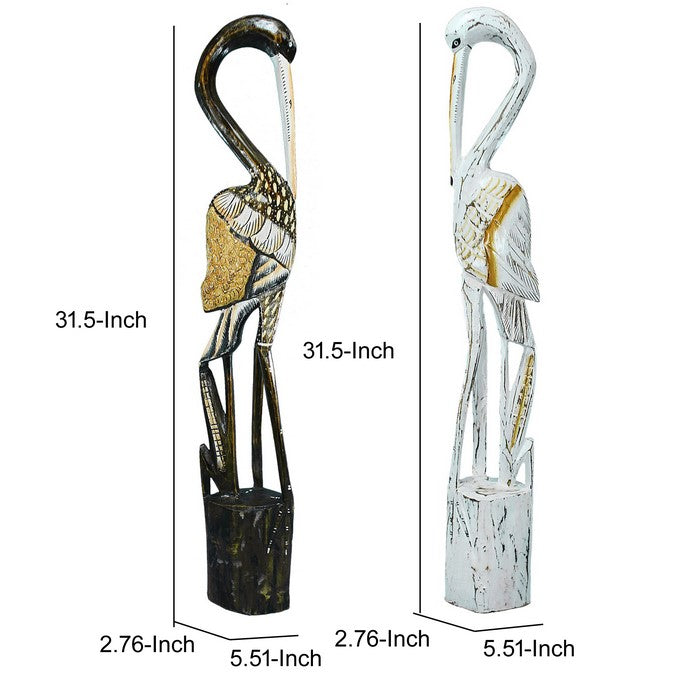 Wooden Heron Figurines with Vibrant motifs, Multicolor, Assortment of 2