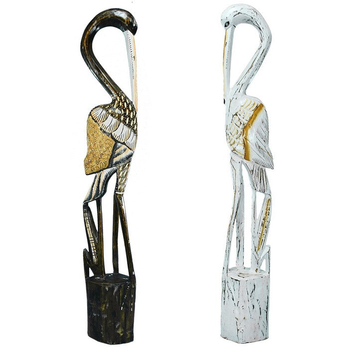 Wooden Heron Figurines with Vibrant motifs, Multicolor, Assortment of 2