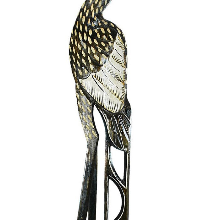 Wooden Heron Figurine with Vibrant Motif, Black