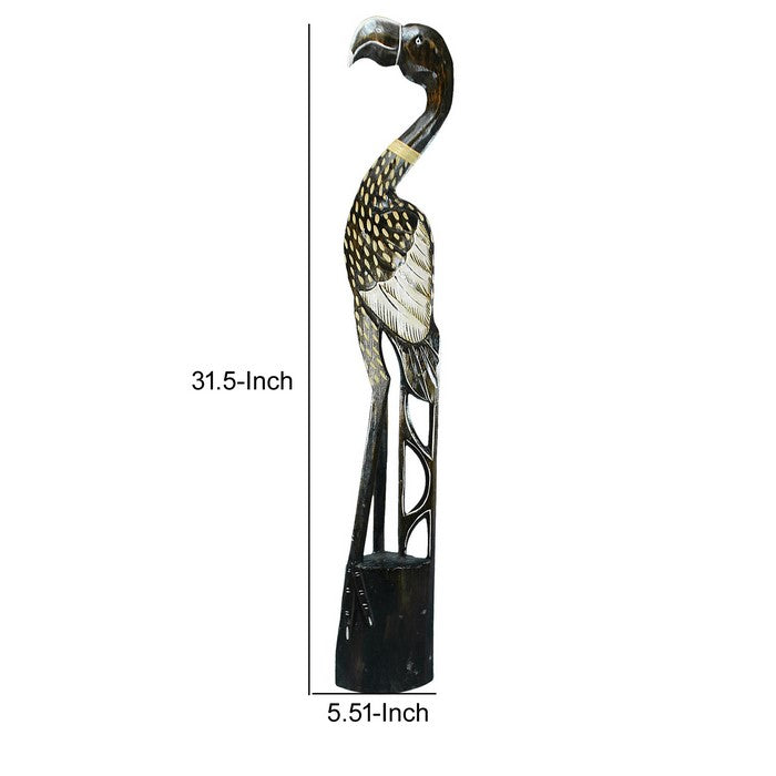 Wooden Heron Figurine with Vibrant Motif, Black