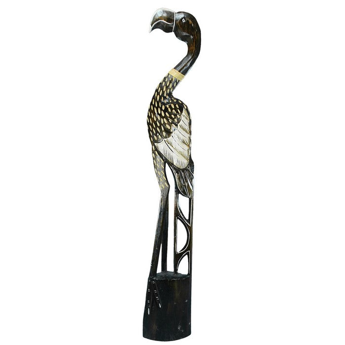 Wooden Heron Figurine with Vibrant Motif, Black
