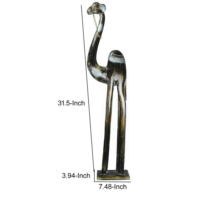 Wooden Decorative Camel Figurine with Extra Long Legs, Brown and Black