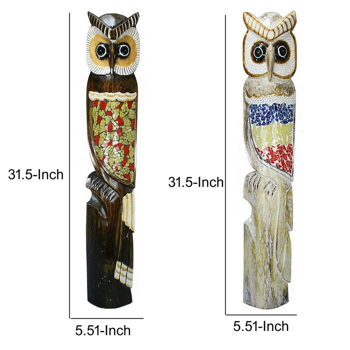 Wooden Owl Figurines with Motifs, Multicolor, Assortment of 2, Small