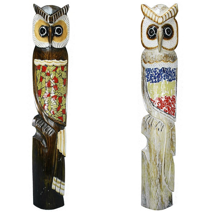 Wooden Owl Figurines with Motifs, Multicolor, Assortment of 2, Small