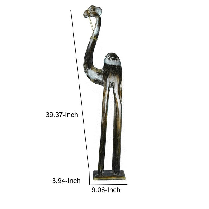 Wooden Decorative Camel Figurine with Extra Long Legs, Brown and Black