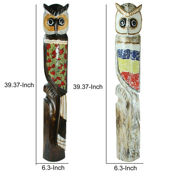 Wooden Owl Figurines with Motifs, Multicolor, Assortment of 2, Large