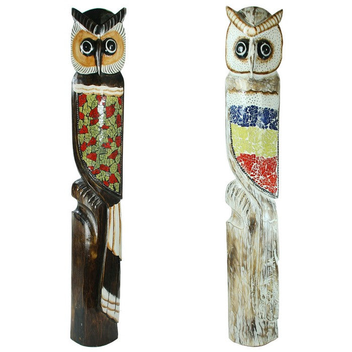 Wooden Owl Figurines with Motifs, Multicolor, Assortment of 2, Large