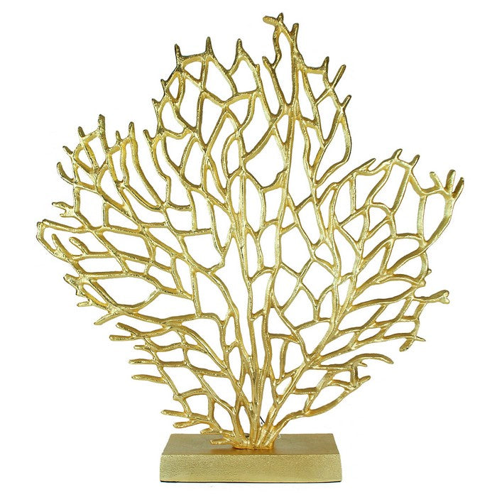 Metal Coral Table Decor with Block Base, Gold