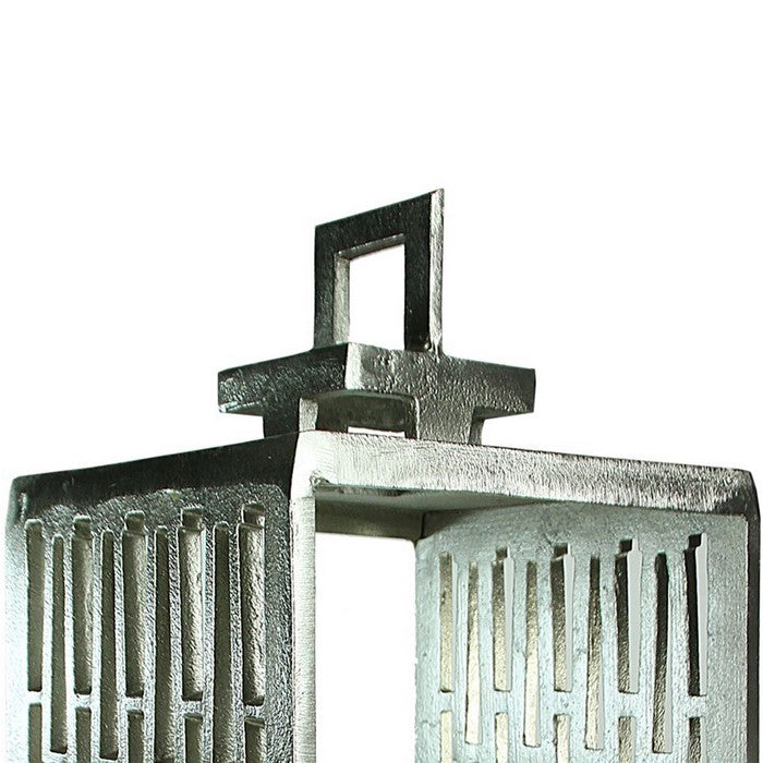 Metal Lantern with Geometric Cutout Design, Silver