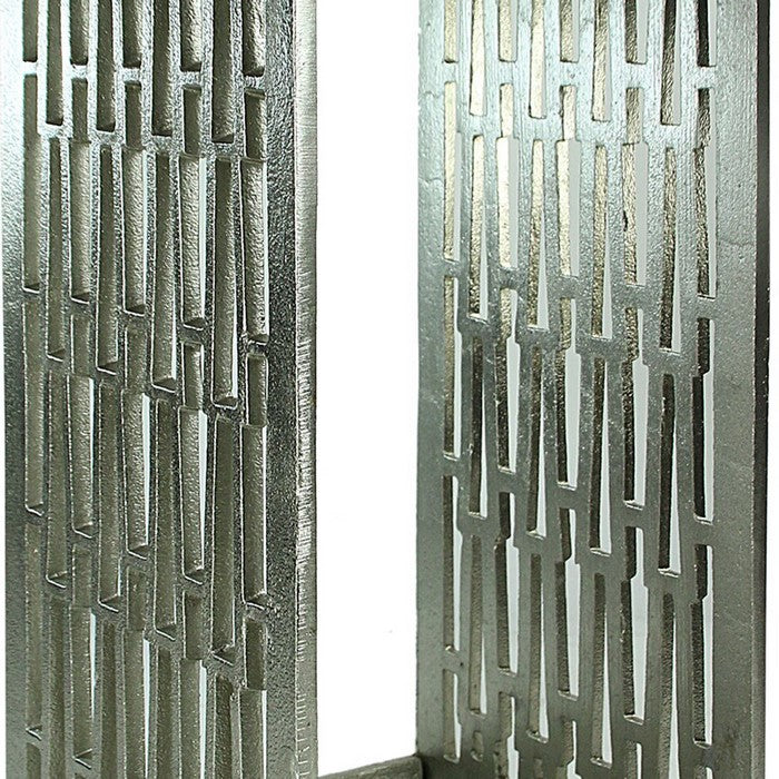 Metal Lantern with Geometric Cutout Design, Silver