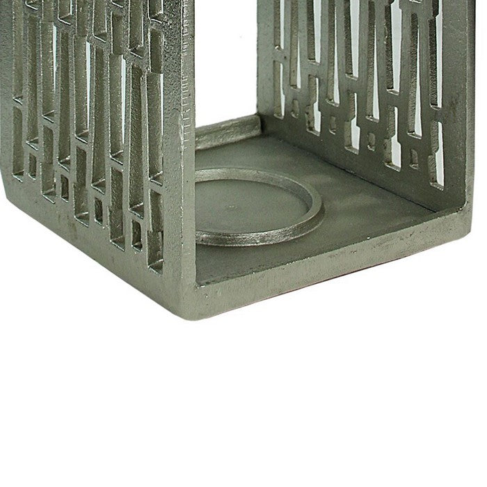 Metal Lantern with Geometric Cutout Design, Silver