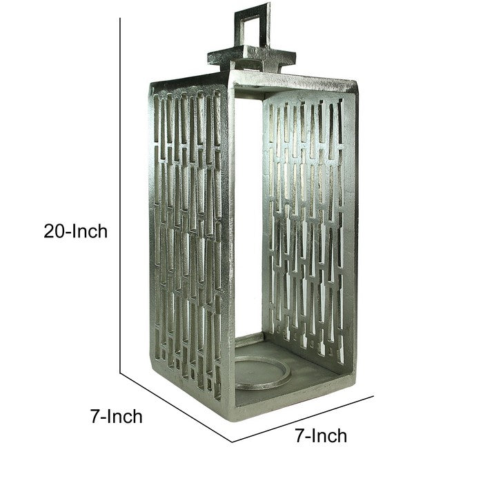 Metal Lantern with Geometric Cutout Design, Silver