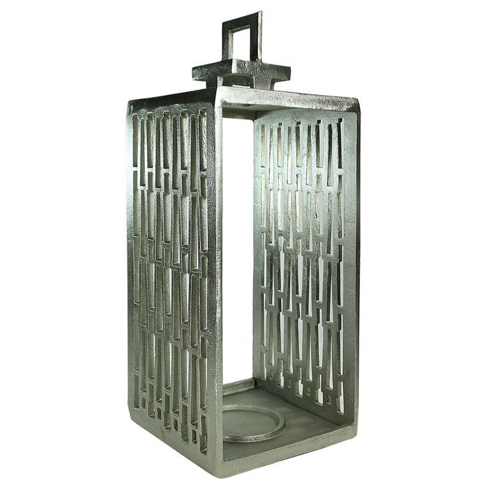 Metal Lantern with Geometric Cutout Design, Silver